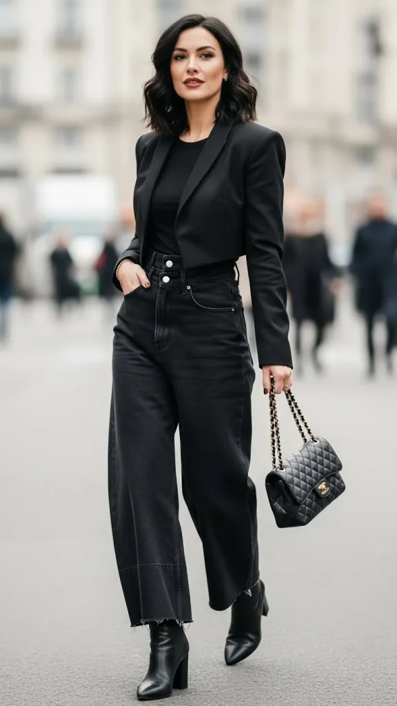 All Black Outfit With Cropped Blazer And Wide Leg Jeans