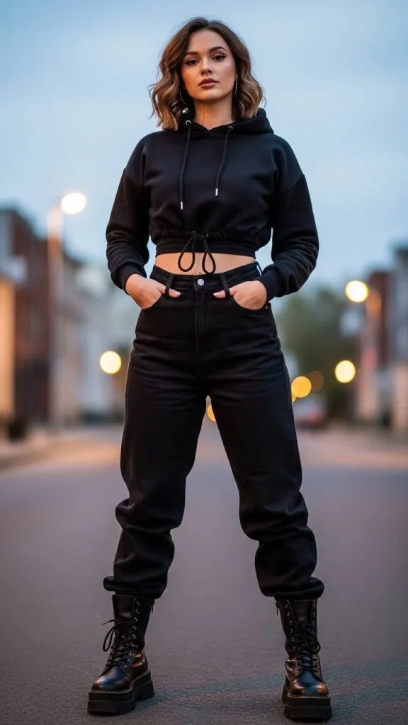 All Black Outfit With Cropped Hoodie And Combat Boots