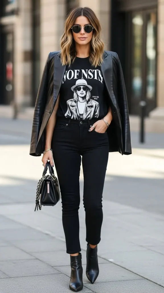 All Black Outfit With Graphic Tee And Leather Blazer