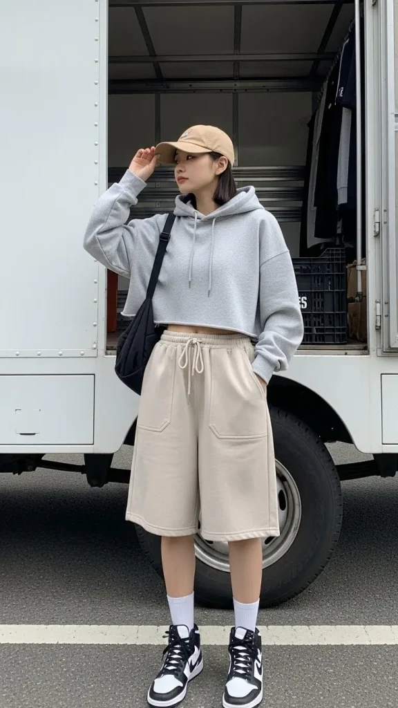 Baggy Shorts Outfit with Cropped Hoodie