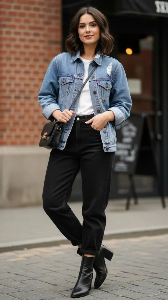 Basic Outfit With Black Jeans Denim Jacket And Ankle Boots