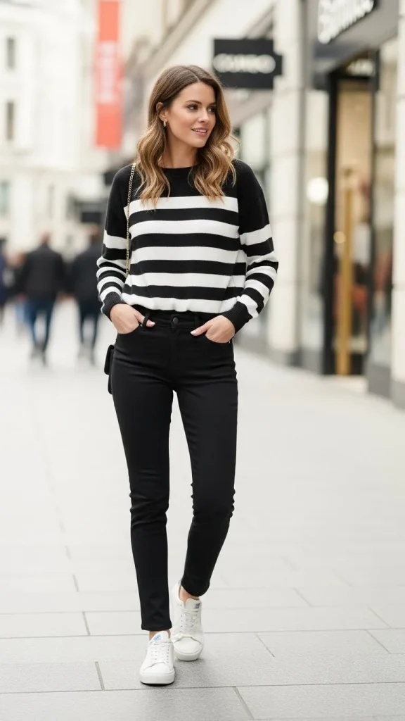 Basic Outfit With Black Jeans Striped Sweater And Sneakers