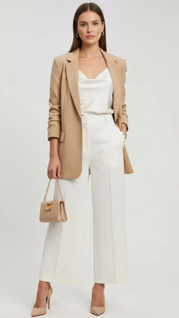 Beige Blazer with a White Silk Camisole and Wide Leg Trousers