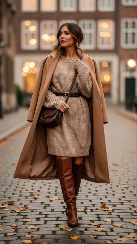 Beige Sweater Dress with Knee High Boots