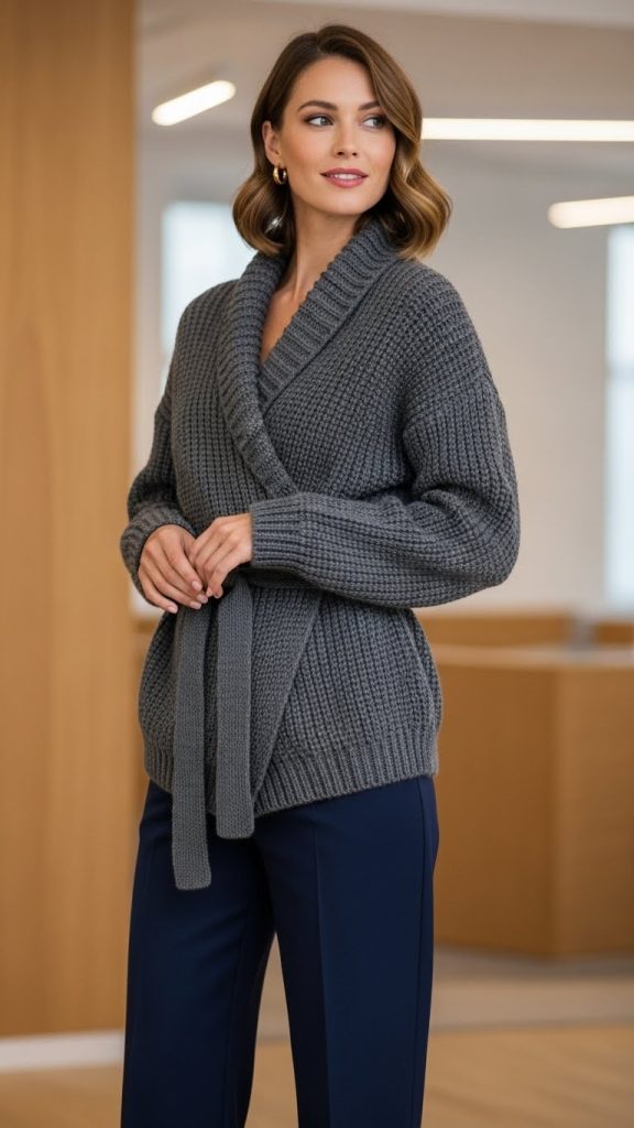 Belted Knit Cardigan and Dress Pants