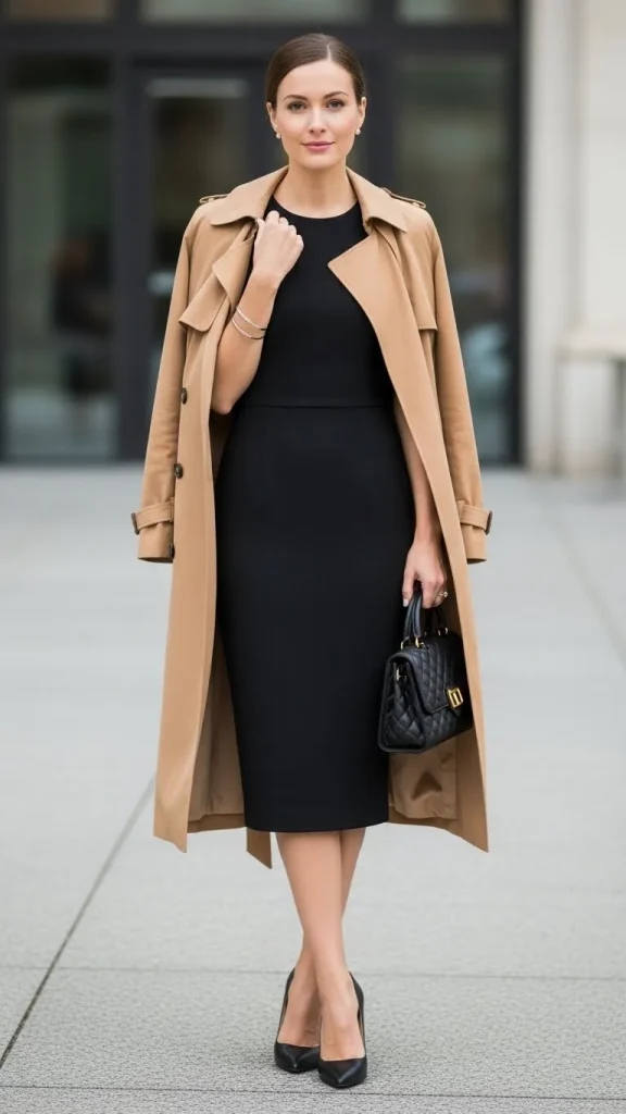 Black Dress with a Camel Trench and Pointed Toe Pumps