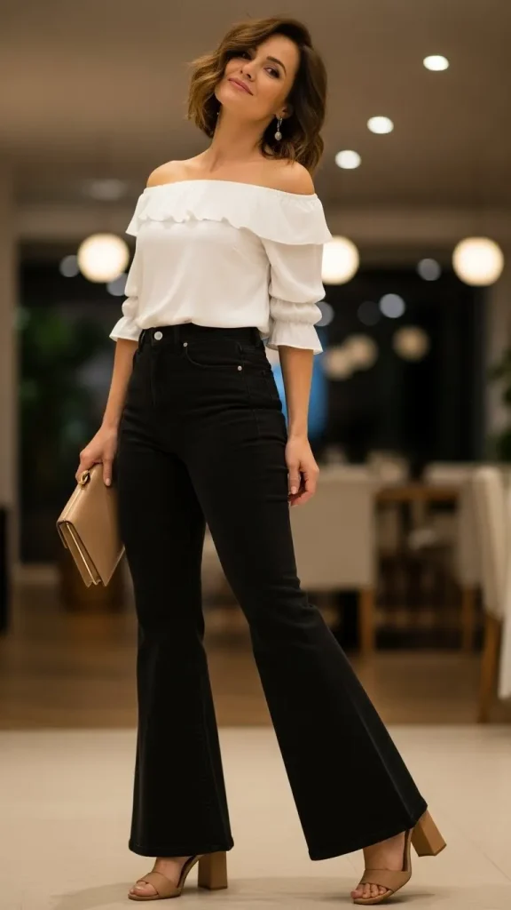 Black Flared Jeans with an Off Shoulder Blouse and Block Heels