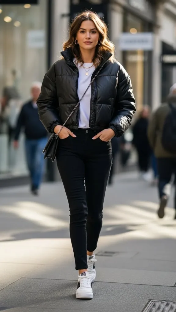 Black Jeans Outfit With Basic Tee And Cropped Puffer Jacket