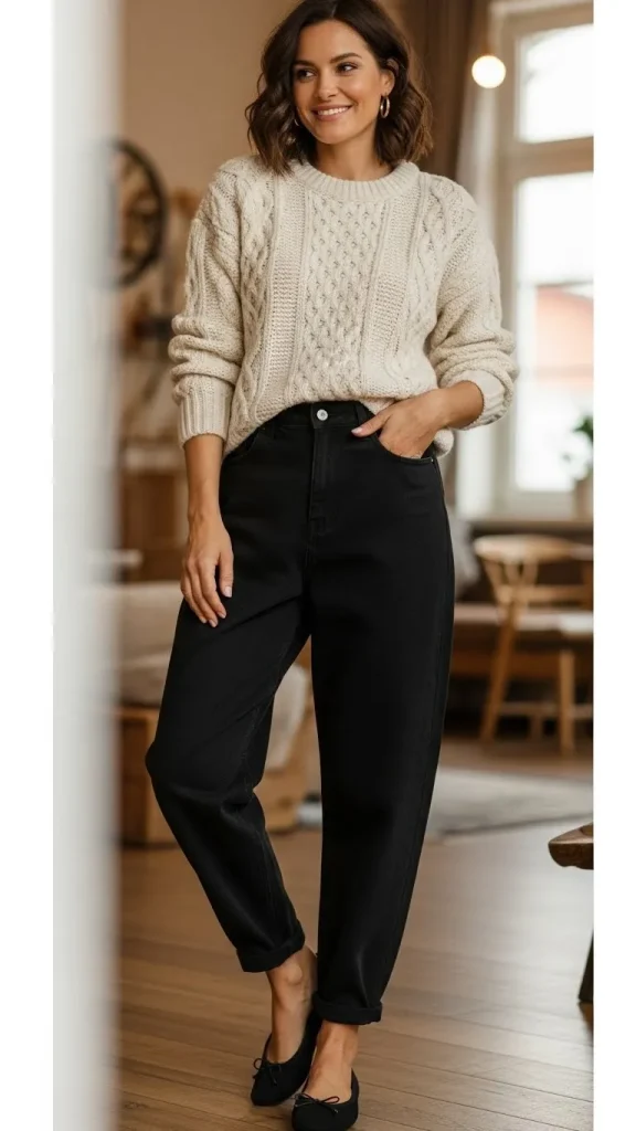 Black Jeans Outfit With Cable Knit Sweater And Ballet Flats