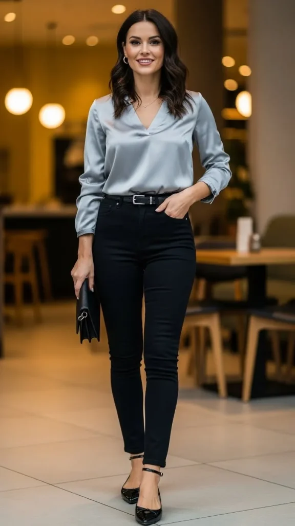 Black Jeans Outfit With Satin Blouse And Pointed Flats