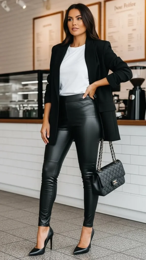 Black Leather Leggings with Blazer Heels