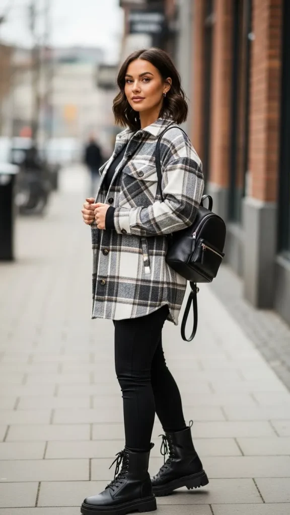Black Leggings with Plaid Shacket