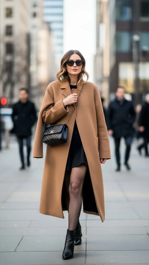 Black Skirt and Camel Coat Combo
