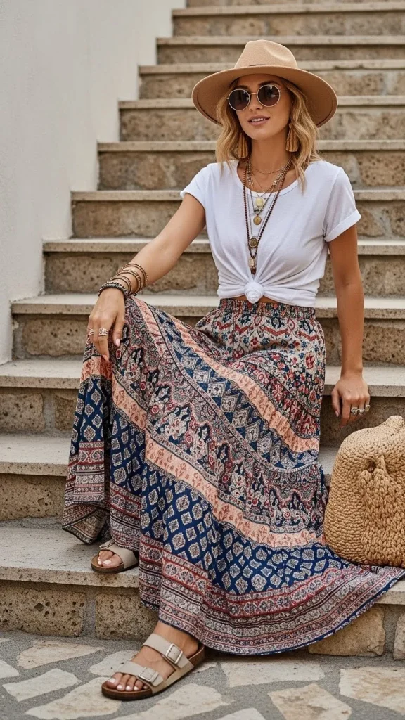 Bohemian Long Skirt with Knotted Tee