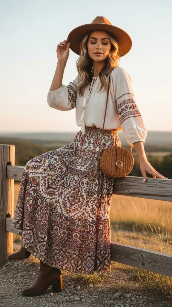 Bohemian Long Skirt with Peasant Blouse