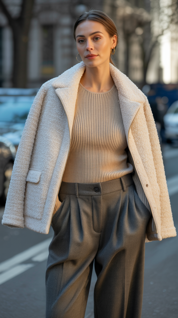 Bouclé Jacket Knit Cami Pleated Wool Trousers