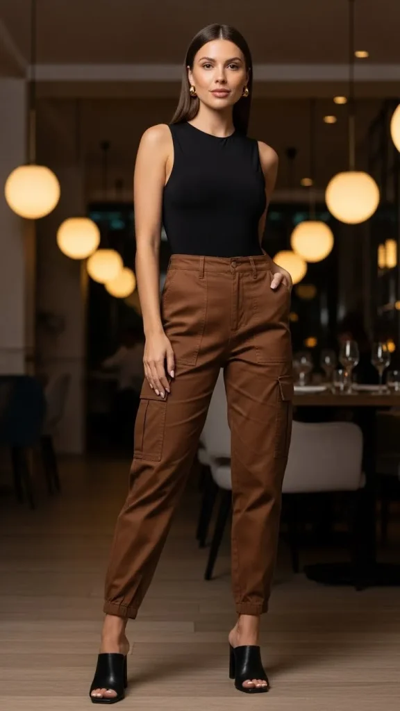 Brown Cargo Pants with a Black Bodysuit and Heeled Mules