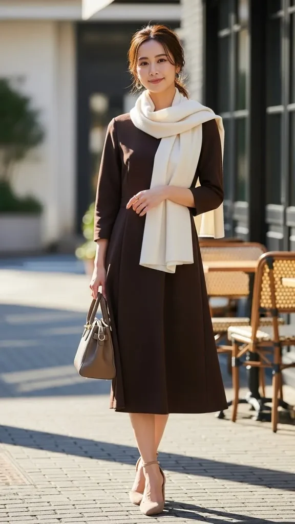 Brown Dress Outfit with a Cream Scarf and Block Heels