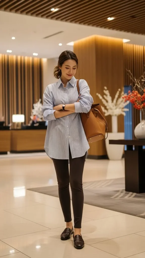 Brown Leggings with Oversized Button Up