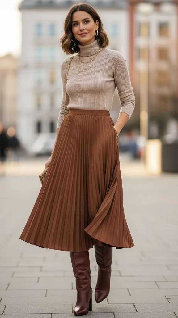 Brown Midi Skirt with Turtleneck and Boots
