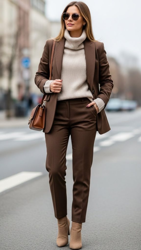 Brown Suit with a Roll Neck Sweater
