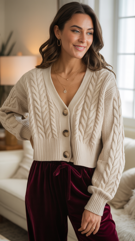 Cable Knit Cardigan with Velvet Pants
