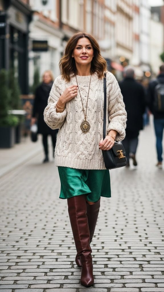 Cable Knit Sweater with Slip Dress Layer