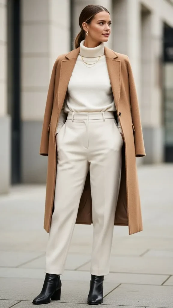 Camel Coat with White Turtleneck and Cream Trousers