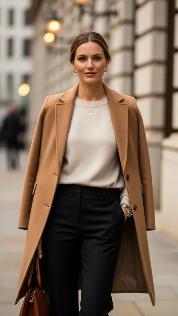 Camel Coat with a Cream Sweater and Black Tailored Pants