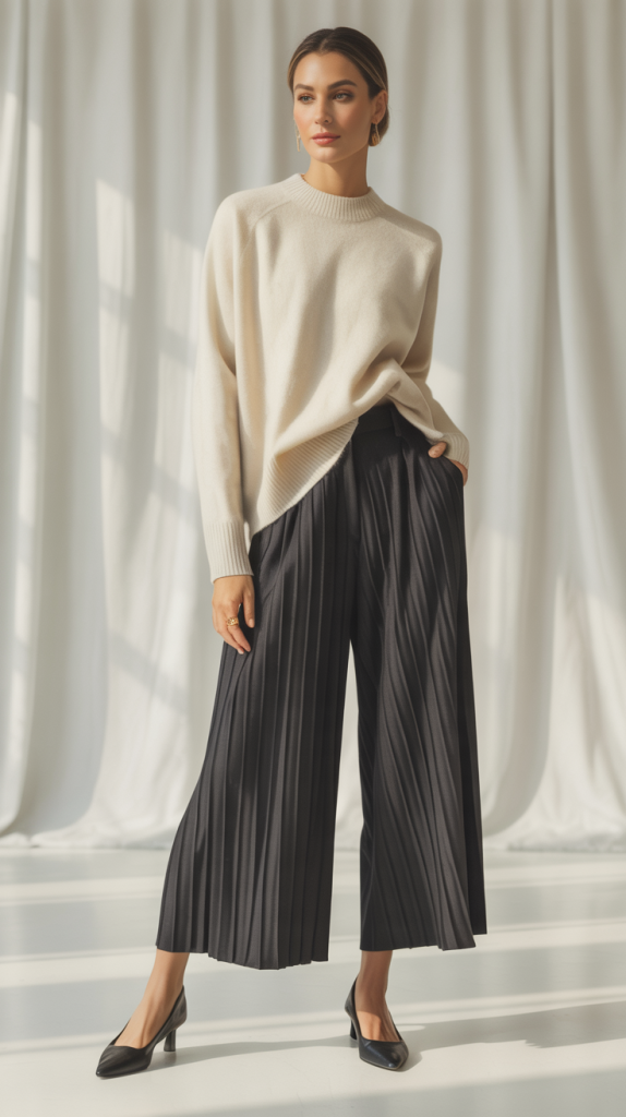 Cashmere Sweater Pleated Culottes Loafers
