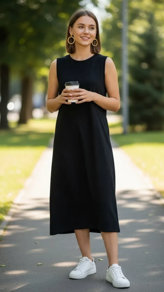 Casual Black Dress with White Sneakers and Gold Hoop Earrings