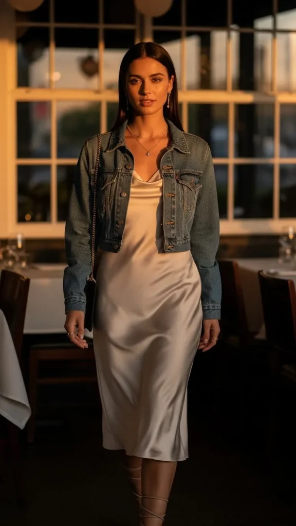 Casual Date Night Outfit with Slip Dress Denim Jacket