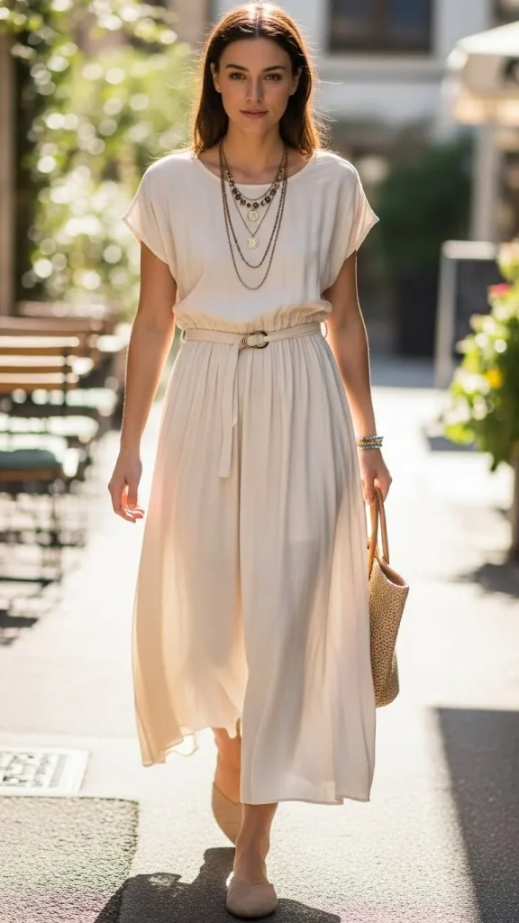 Casual Maxi Dress with a Belted Waist and Flat Mules