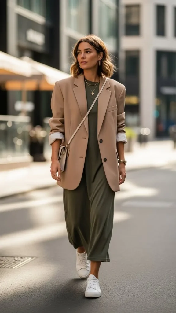 Casual Maxi Dress with an Oversized Blazer and Sneakers