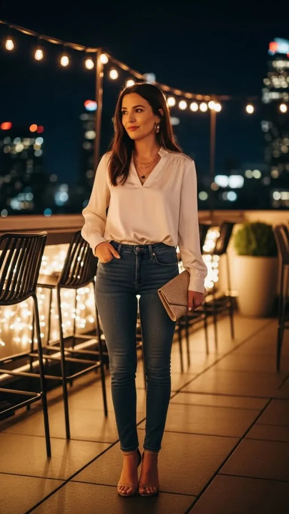 Casual Night Out Outfit with Skinny Jeans Silk Blouse