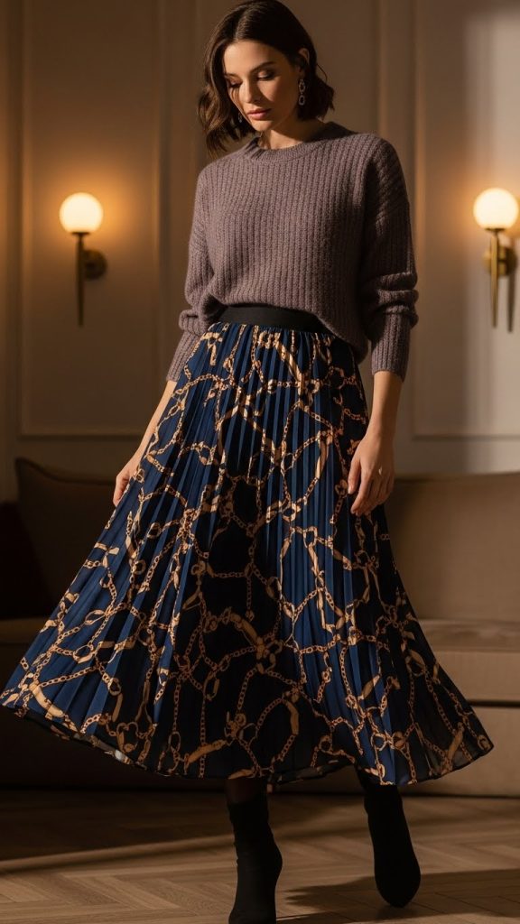 Chain Print Pleated Skirt
