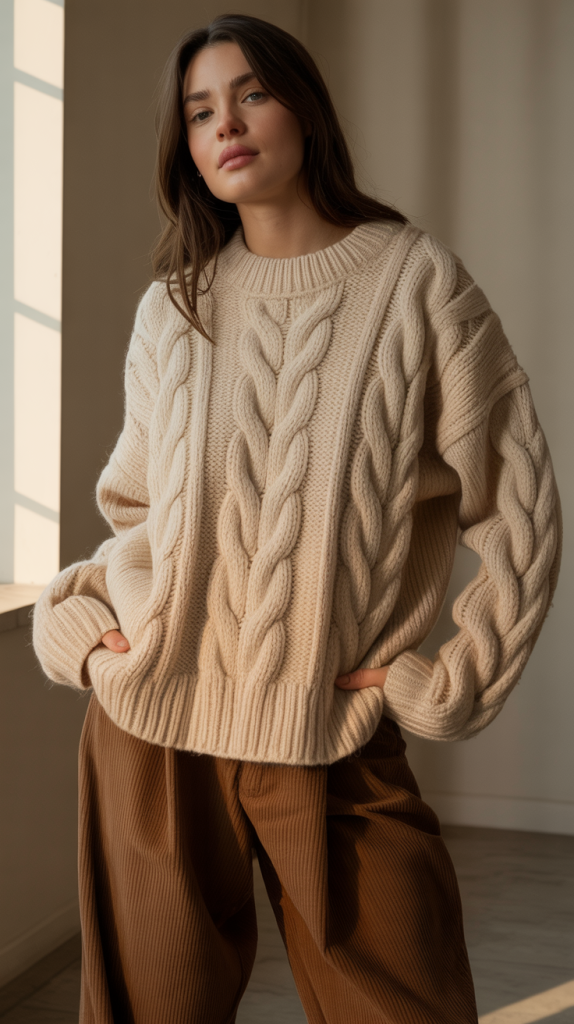 Chunky Cable-Knit Sweater with Corduroy Pants