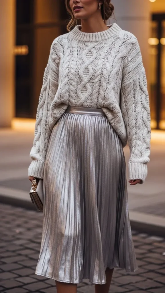 Chunky Cable Knit Sweater with Metallic Skirt