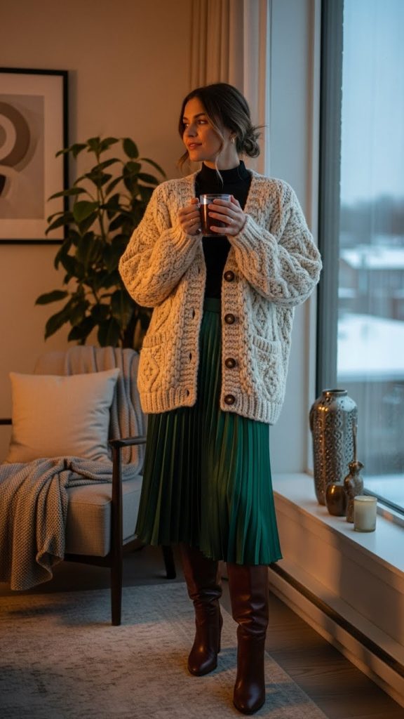 Chunky Knit Cardigan with Midi Skirt
