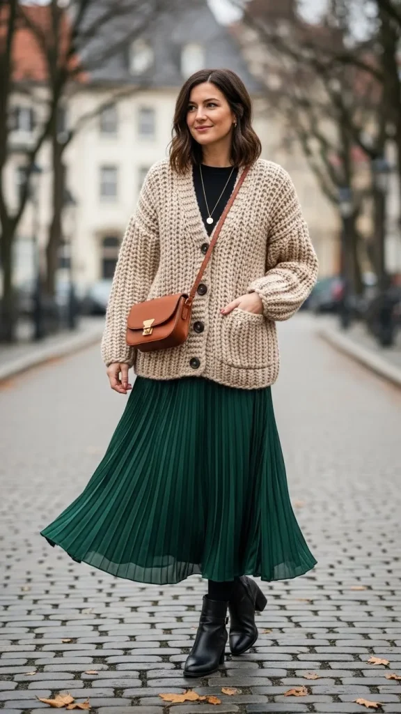 Chunky Knit Cardigan with Pleated Skirt and Ankle Boots