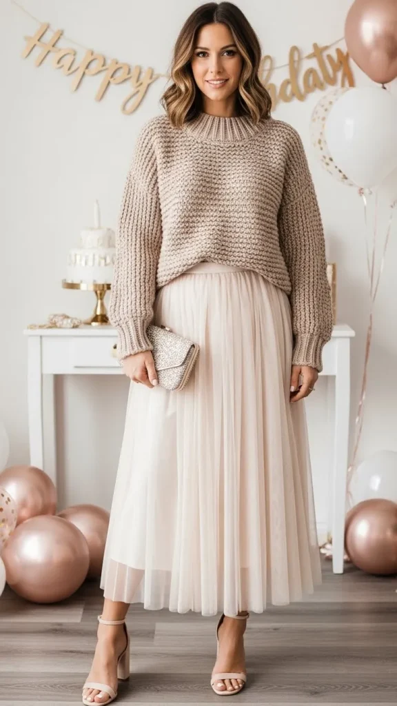Chunky Knit Sweater with a Tulle Midi Skirt and Block Heels