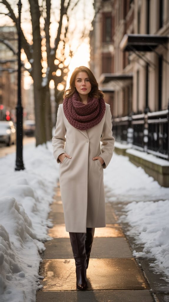 Chunky Scarf with Wool Coat and High Boots