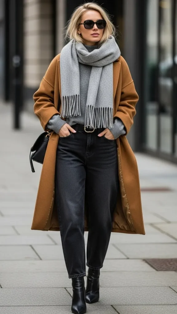 Classy Baggy Jeans With Oversized Coat And Scarf