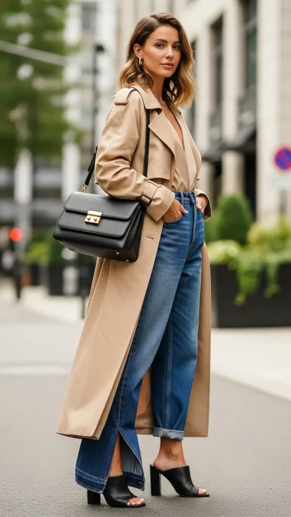 Classy Baggy Jeans With Trench Coat And Heeled Mules