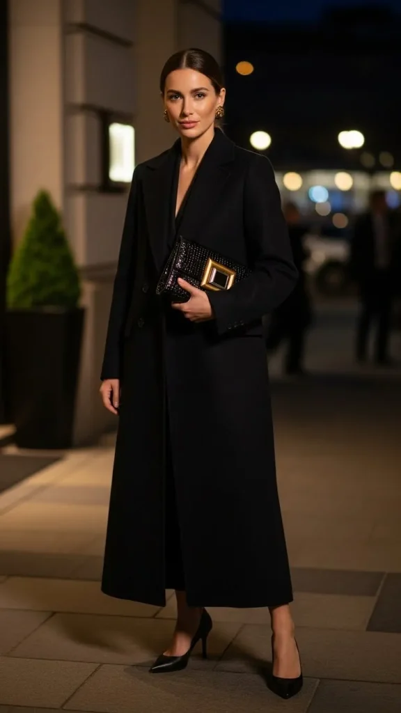 Coat with Statement Clutch and Kitten Heels