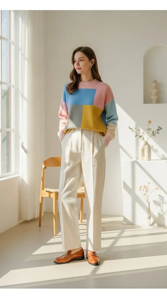 Color Block Sweater with Cream Pants and Loafers