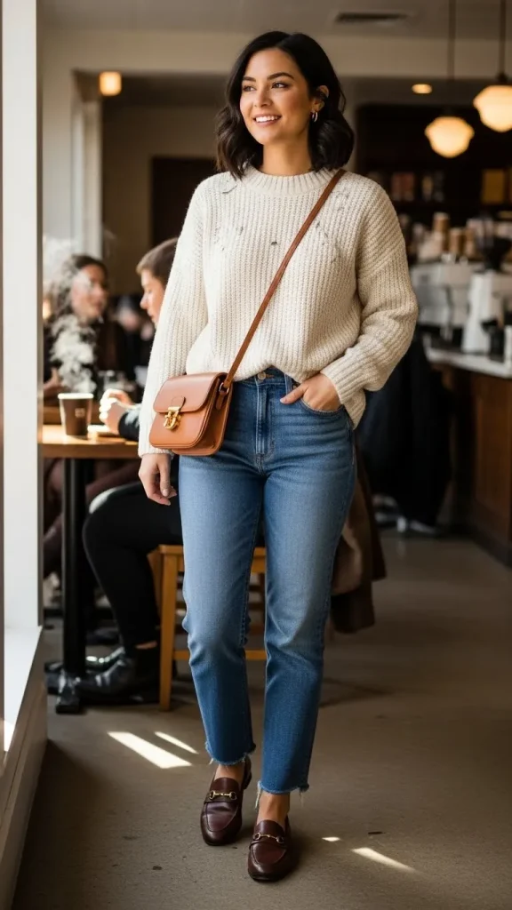 Cream Knit Sweater with Straight Leg Jeans and Loafers