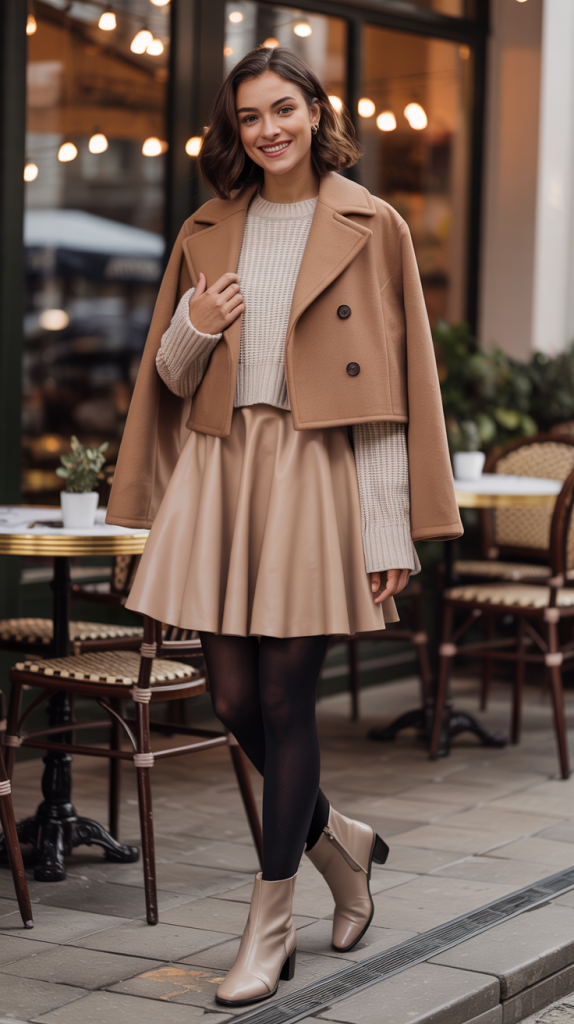 Cropped Wool Coat Knit Top A Line Mini Skirt Tights