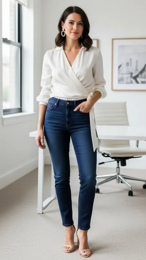 Dark Denim with a Silk Wrap Blouse and Heeled Sandals