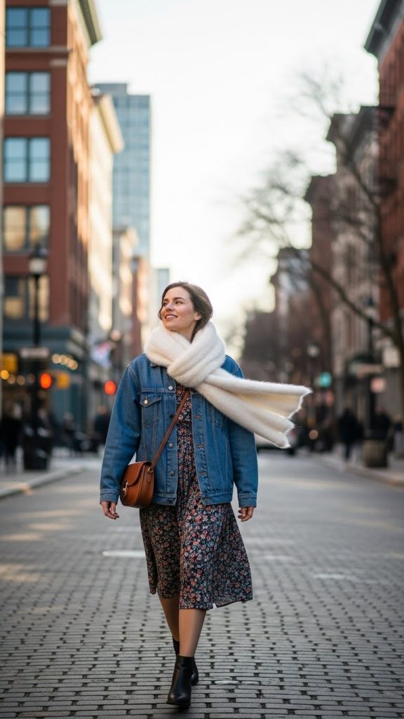 Denim Jacket with Fluffy Scarf and Midi Dress